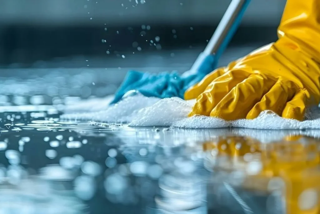 Gloved hand mopping a polished floor