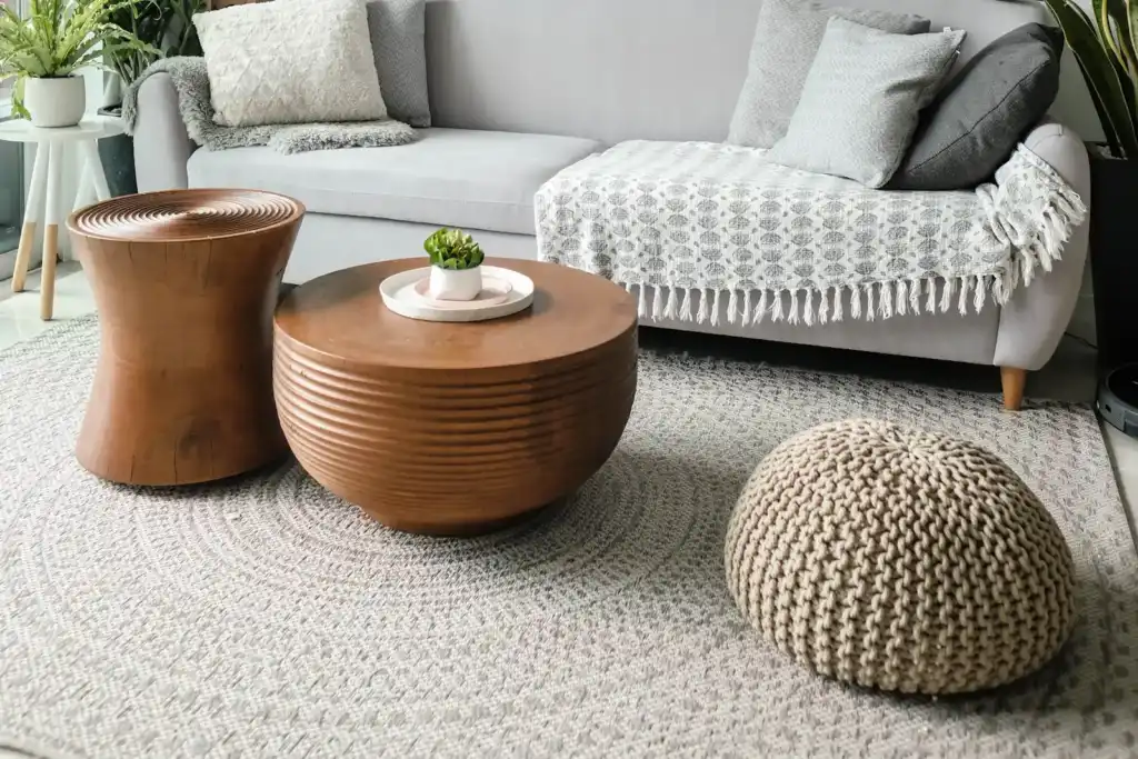 Tidy living room with a sofa, wooden coffee tables and plants
